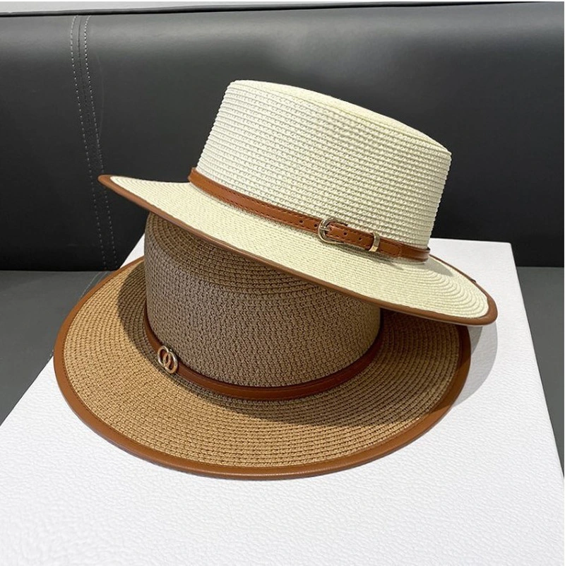 2024 New Flat Top Straw Panama Hats for Women Straw Caps with PU Decoration and Belt Band