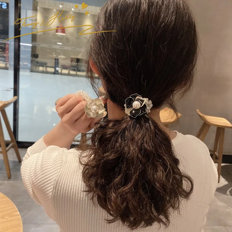 Hot Sale Pearl Circle Retro Head Rope Camellia Flower Pearl Silk Hair Bands