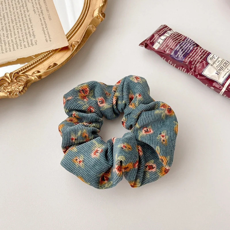 Vintage French Floral Sweet Temperament Autumn and Winter Corduroy Fabric Rubber Band