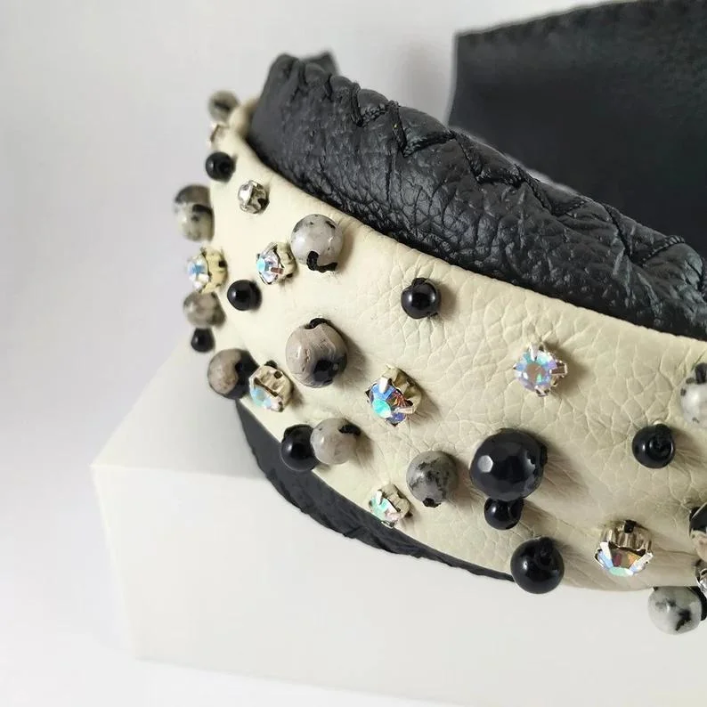 Black White Beaded Embroidery Tiara, Padded Crystal Tiara, Luxury Bride Headband, Unique Handmade Headpiece, Women Hair Accessories