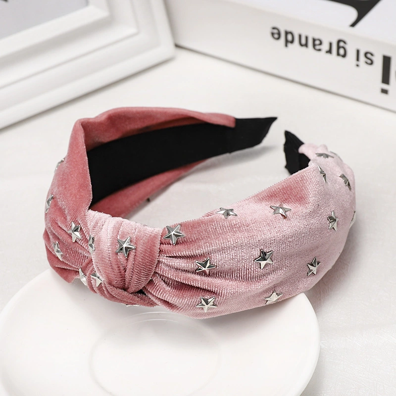 Korean Fashion New Hair Bands Solid Color Velvet Hot Diamond Star Knotted Headdress Hair Card Wide Side Band