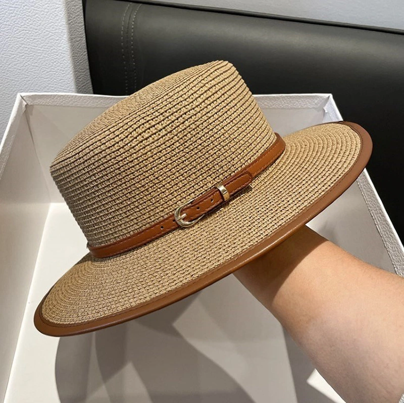 2024 New Flat Top Straw Panama Hats for Women Straw Caps with PU Decoration and Belt Band