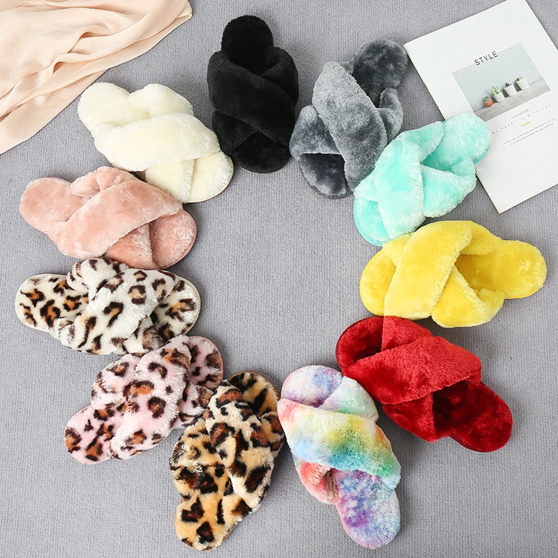 Women&prime;s Cross Band Breathable Slippers Soft Plush Furry Cozy Open Toe House Shoes Indoor Outdoor Faux Rabbit Fur Warm Comfy Slipper