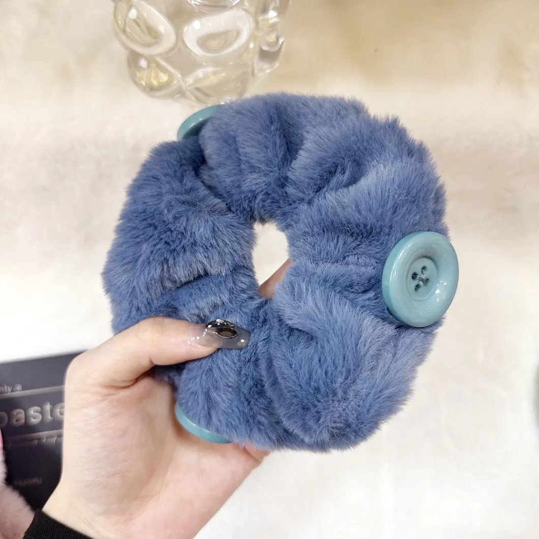 New Candy Color Furry Imitation Rabbit Hair Button Plush Hair Rope Hairbands