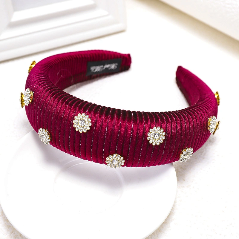 Rhinestone Floral Headband Women&prime;s Gold Velvet Thickened Sponge Fabric Hair Ornament Wide Side Hair Band