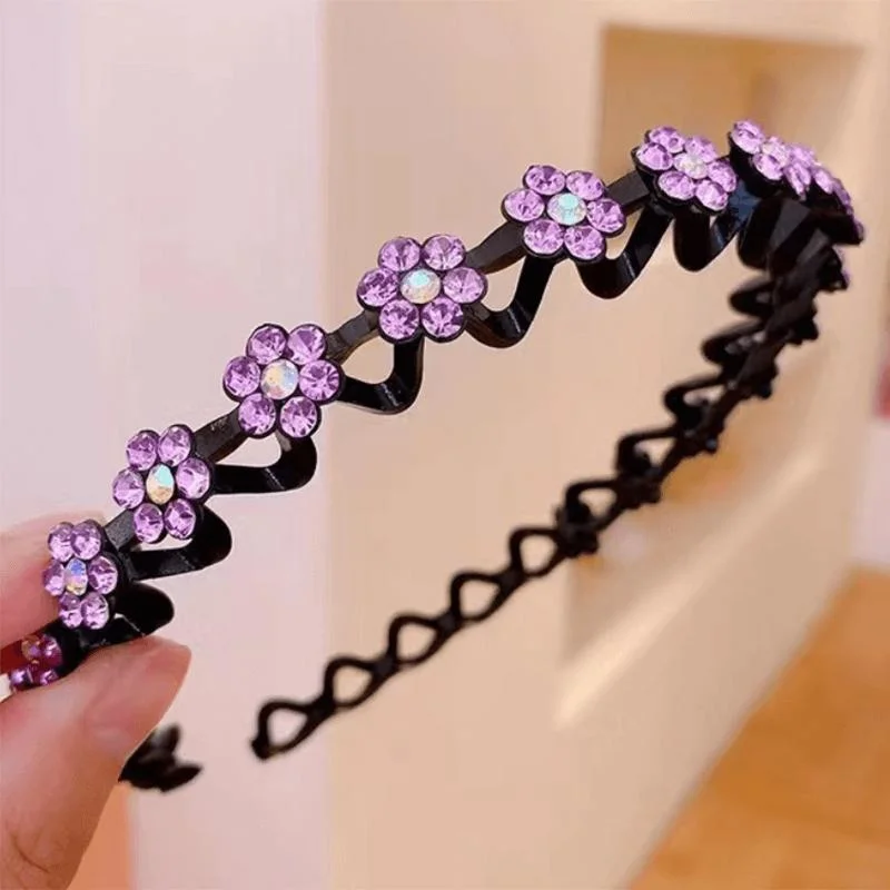 Women&prime;s Rhinestones with Wavy Teeth Headband with Small Flower Headband