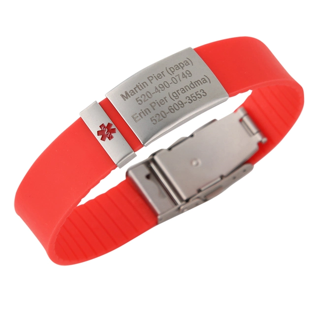 Red Medical Alert ID Emergency First Aid Bracelet Laser Engraved Adjustable Silicone Wristband