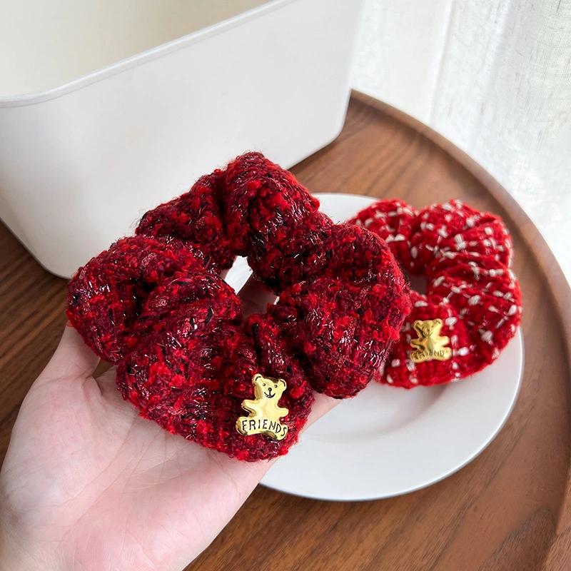 Red Wool Hair Scrunchie Retro Bear Hair Rope Christmas Hair Accessories