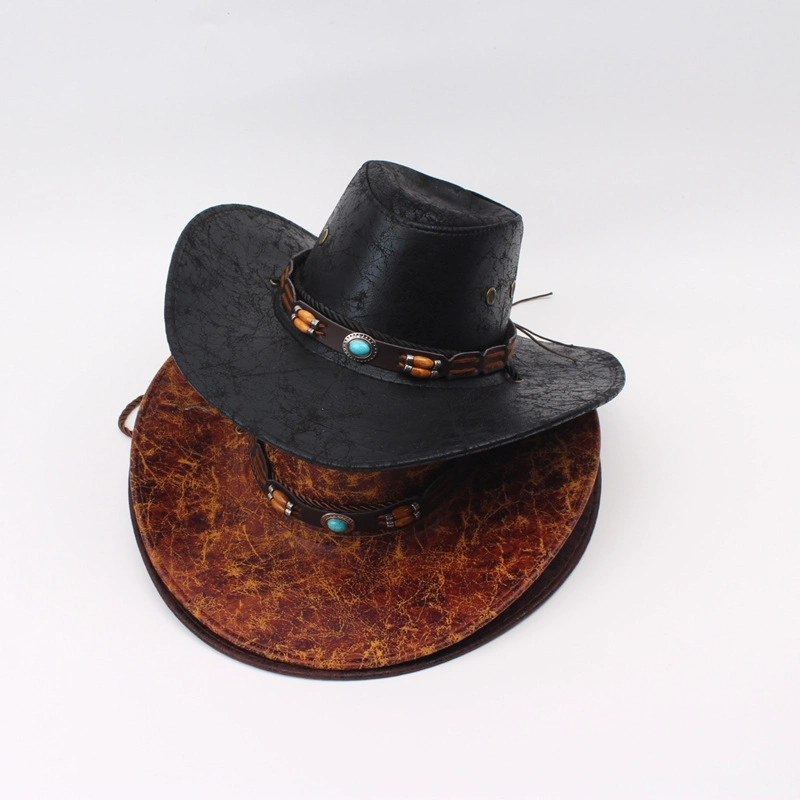 Faux Leather Wide Brim Hat Western for Men Fedora Hat Cowboy Hats with Rhinestone Hat Band