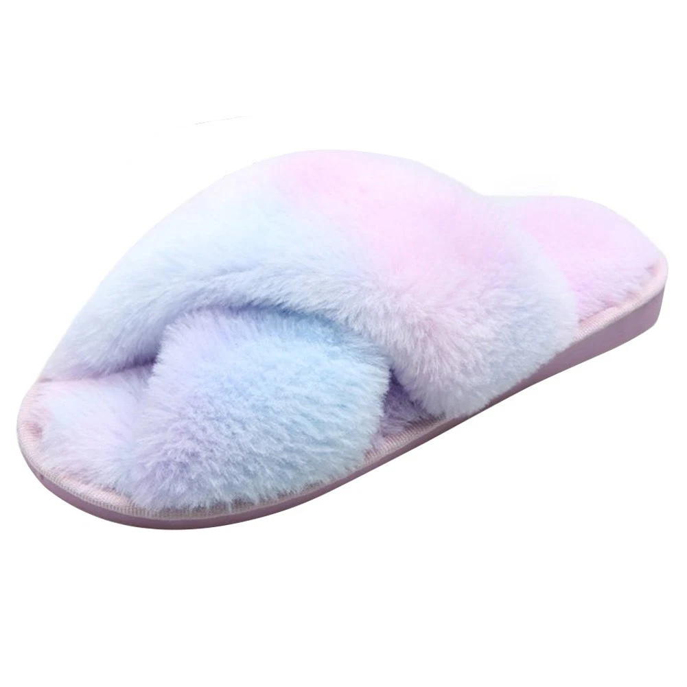 Women&prime;s Cross Band Breathable Slippers Soft Plush Furry Cozy Open Toe House Shoes Indoor Outdoor Faux Rabbit Fur Warm Comfy Slipper