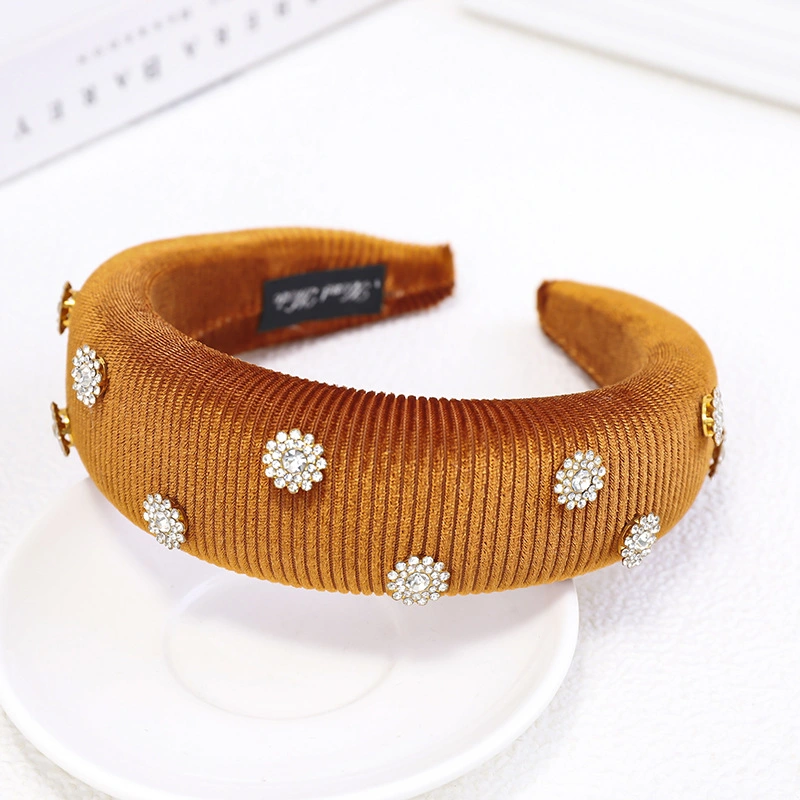 Rhinestone Floral Headband Women&prime;s Gold Velvet Thickened Sponge Fabric Hair Ornament Wide Side Hair Band