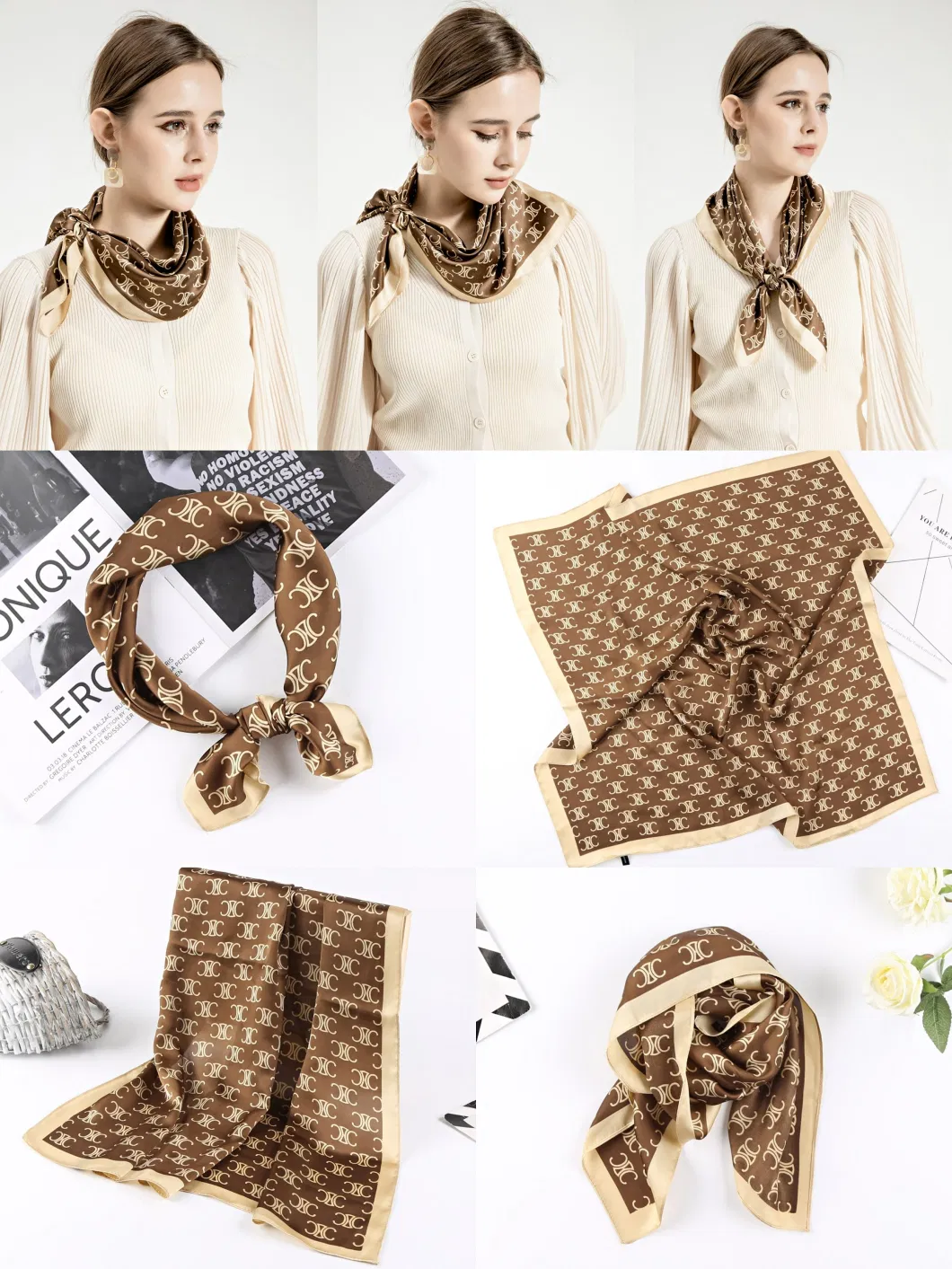 70X70cm Printed Colorful Square Fashion Silk Satin Scarf Polyester Scarves Hairband Bag Band