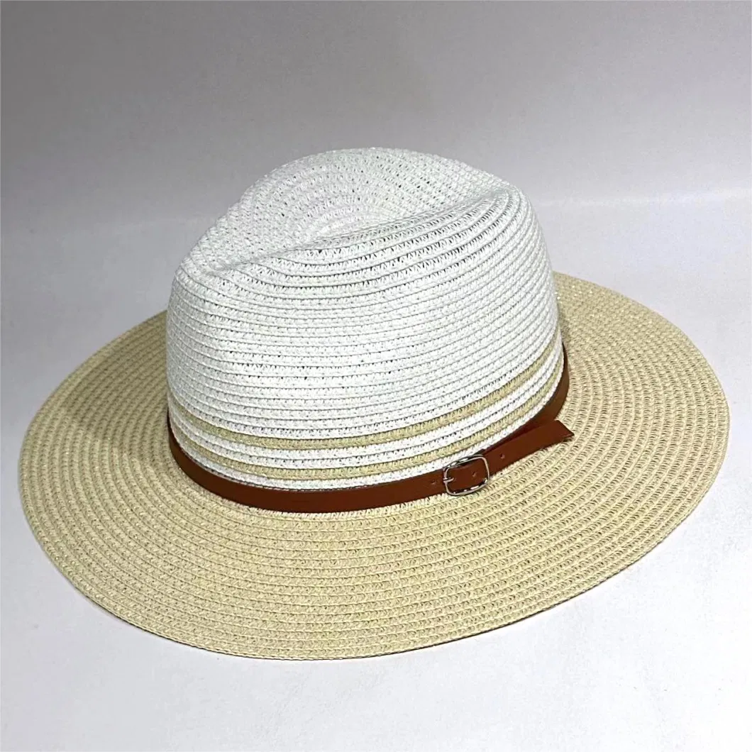 Customized Wholeseller Summer Fashion Mens Paper Straw PU Webbing Sunhat Band Fedora Panama Hat