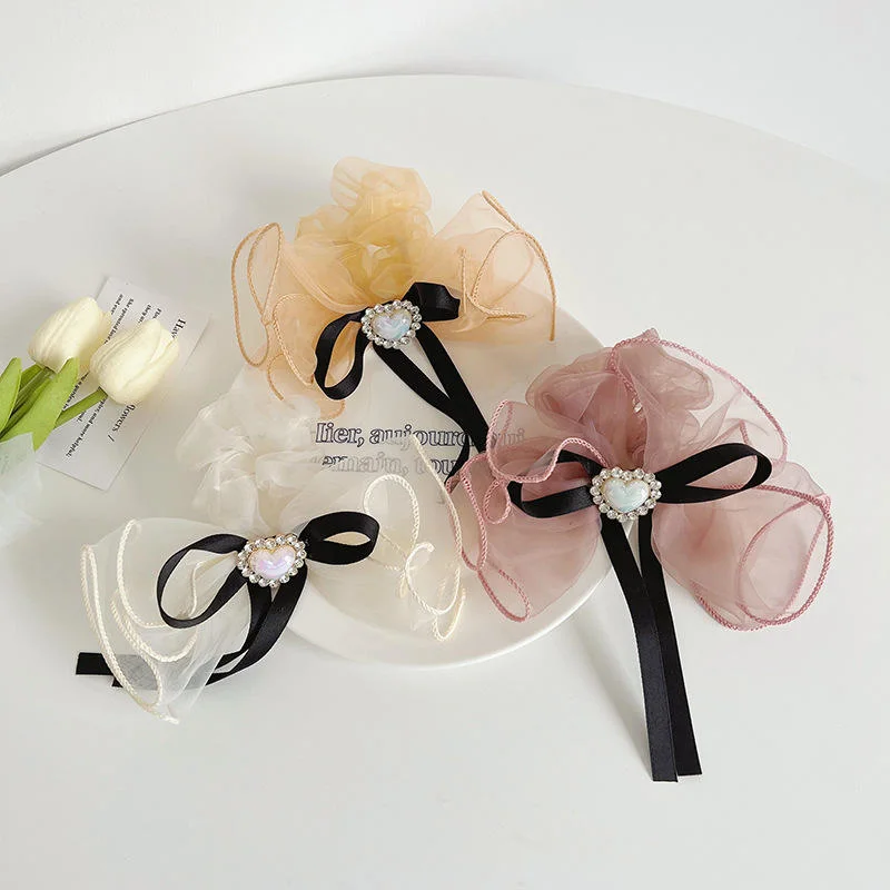 Organza Ladies Ponytail Hair Ties Small Fragrance Rhinestone Love Ribbon Band