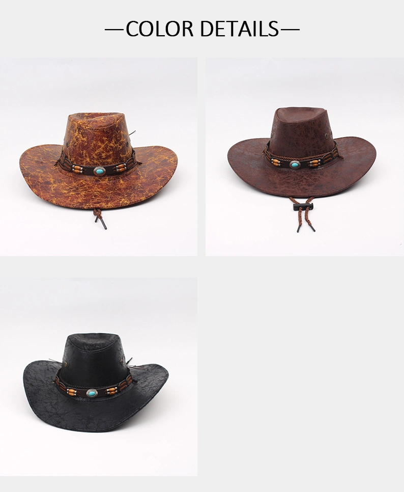 Faux Leather Wide Brim Hat Western for Men Fedora Hat Cowboy Hats with Rhinestone Hat Band