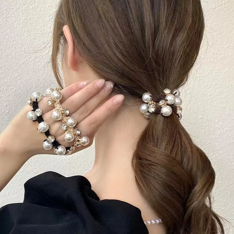 Elegant Pearl Hair Rope Rubber Band Tie Hair Circle Zircon Metal Hair Bands