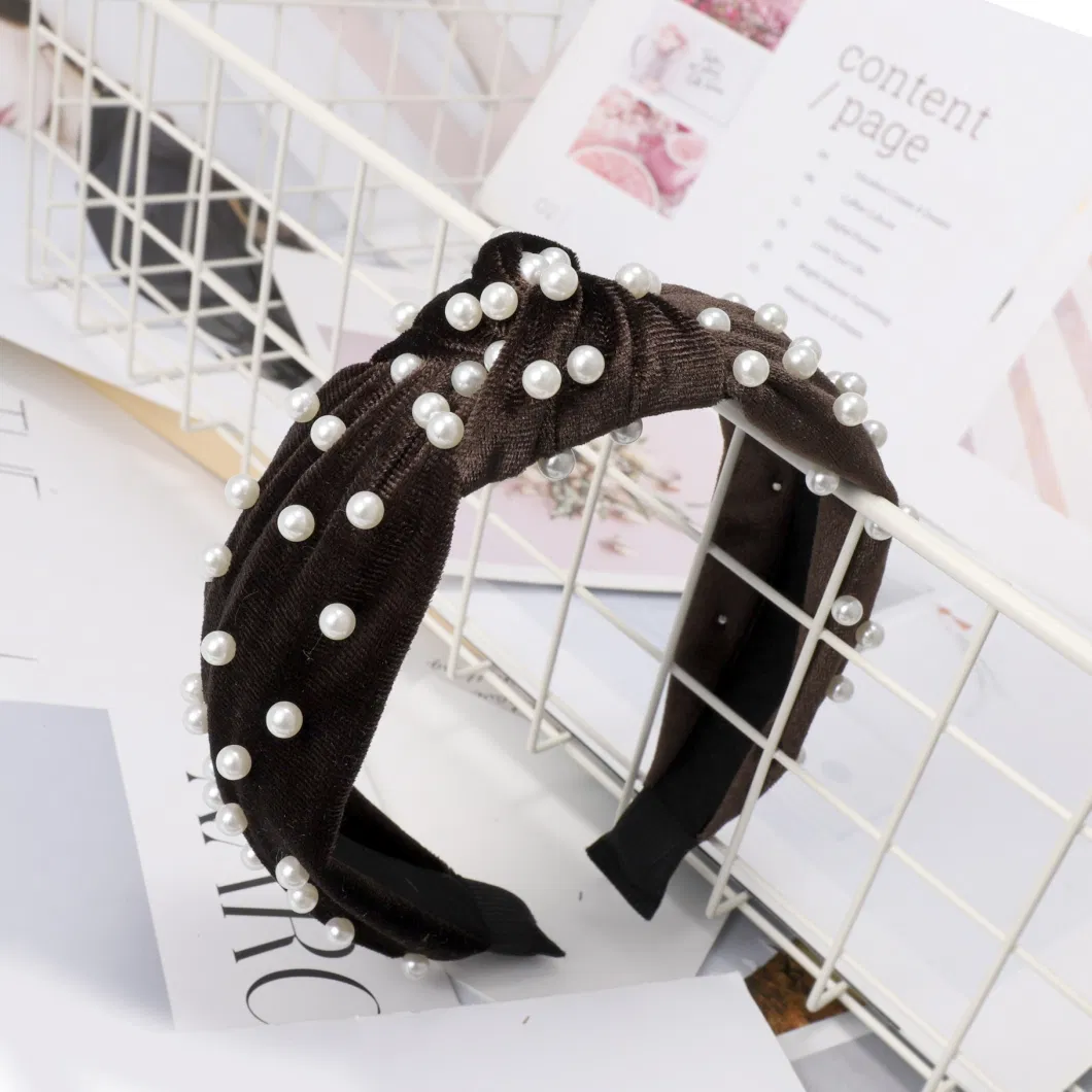 Wholesale Knotted Non-Slip Fashion Wide Top Turban Velvet Pearl Decoration Headband