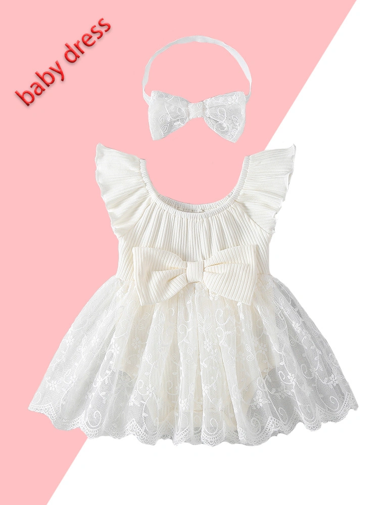 2024- 0-18 Month Baby Clothing Infant Solid Lace Princess Dress High Quality Baby Girl Romper and Bow Headband