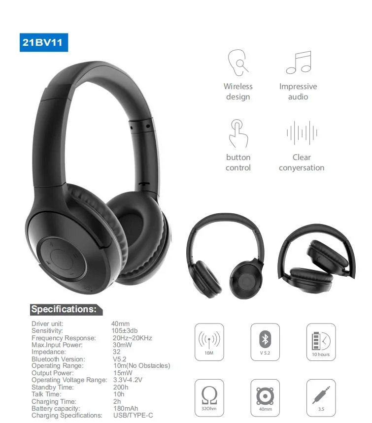 Bluetooth 5.2 Adjustable Swivel Over-Ear Headphone Type-C Charging