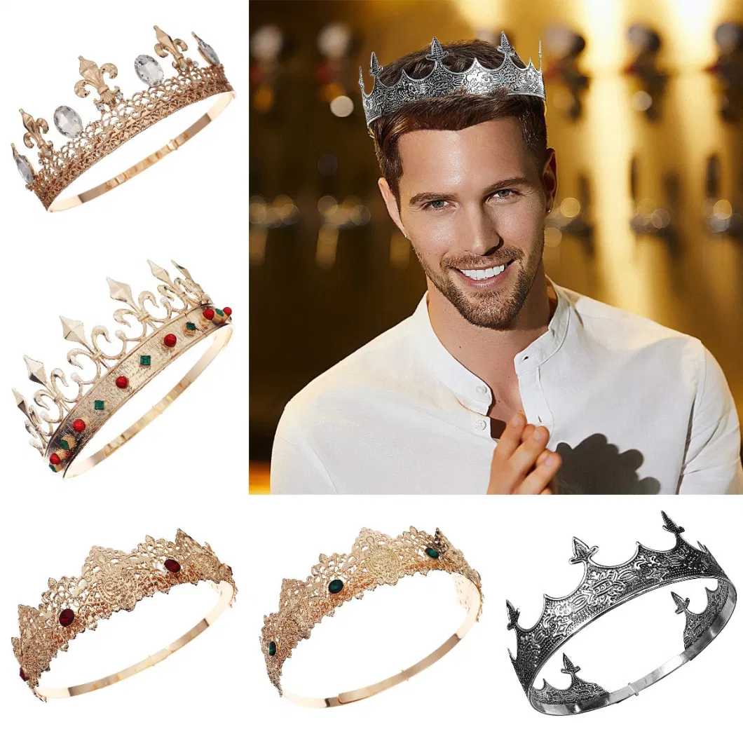 Men&prime; S Crown Hair Accessories Rhinestone Metal Large Crown Wedding Party Halloween Alloy Round Crown Headband