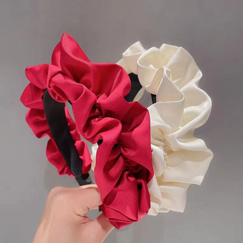 Best Selling Large Intestine Ruffled Satin Hair Band Retro Wide Edge Slider Headband Pleated High Cranial Crest Hair Clips