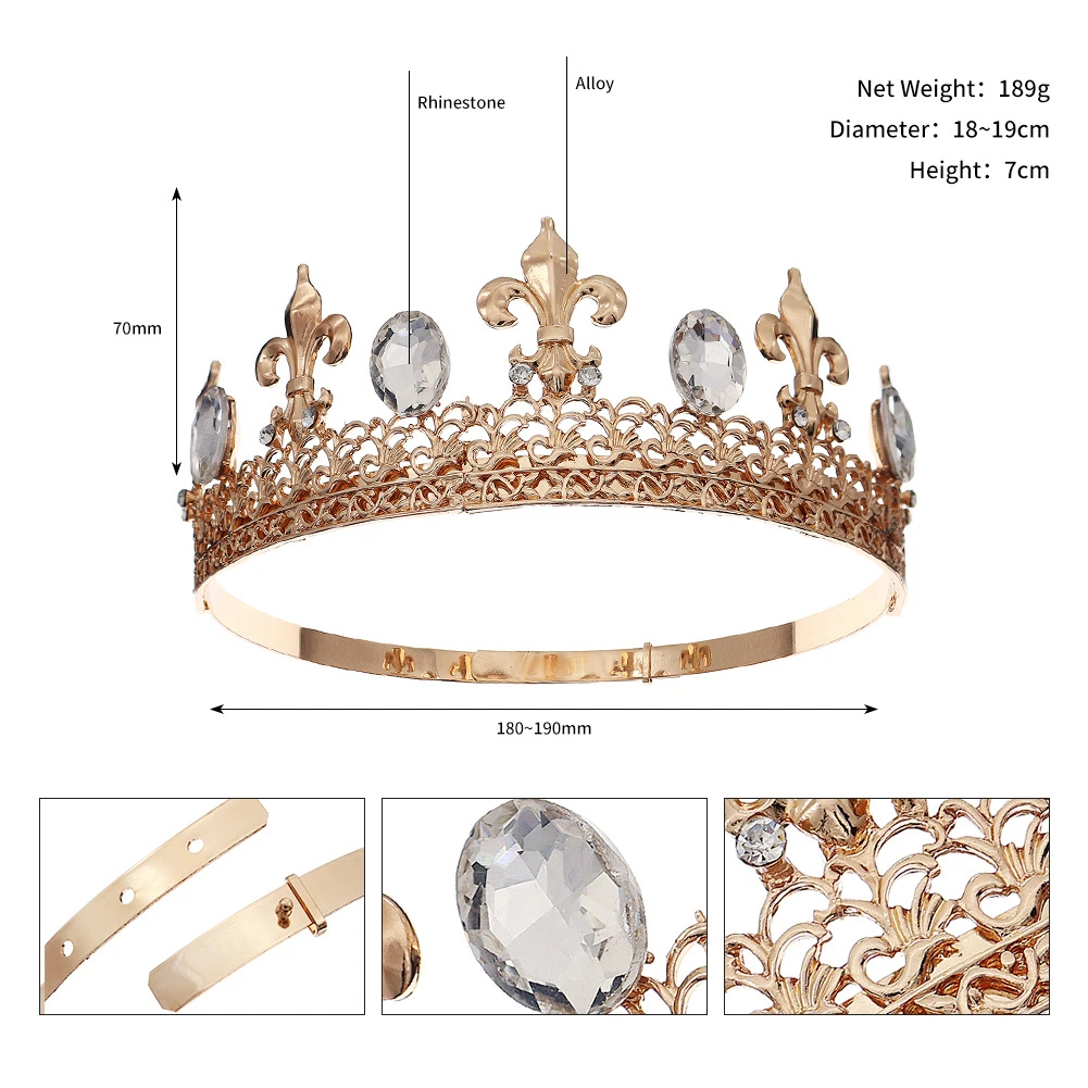 Men&prime; S Crown Hair Accessories Rhinestone Metal Large Crown Wedding Party Halloween Alloy Round Crown Headband