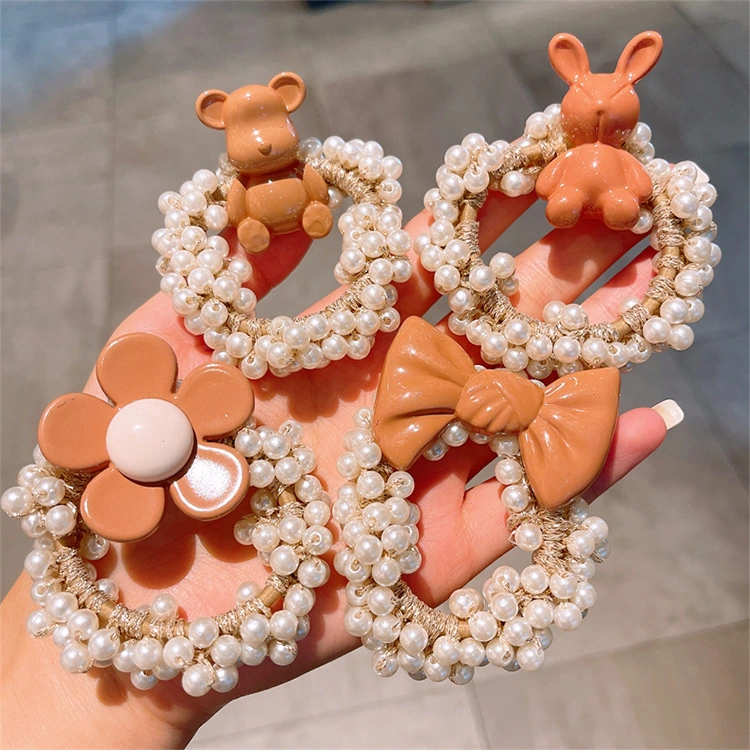 Children Cute Bear Bow Hair Bands for Girls Flower Elastic Headband Pearl Scrunchies Kids Hair Accessories Hair Ties Scrunchy