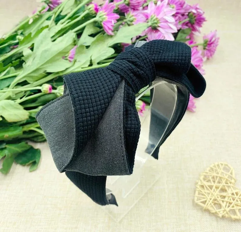 Black Knitted Fabric French Bow Knotted Headband, Black Knitted Fabric Headband, Headbands for Women, Aliceband, Big Bow Headband, Black Headband