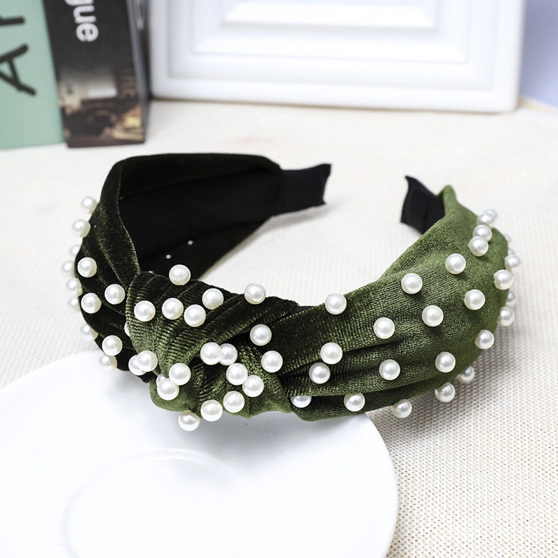 Wholesale Knotted Non-Slip Fashion Wide Top Turban Velvet Pearl Decoration Headband