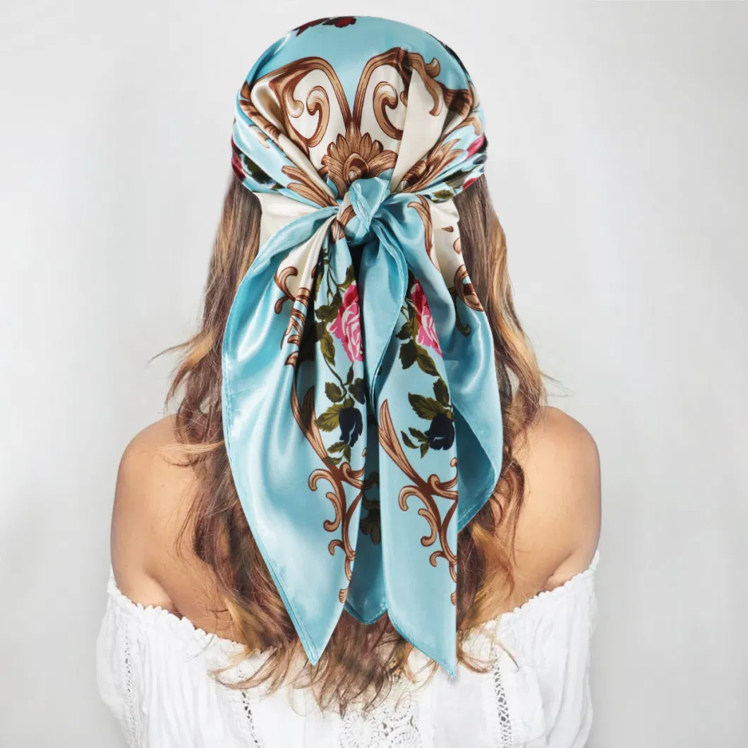 Floral Print 35 Inches Silk Satin Scarf Shawl Headband for Women