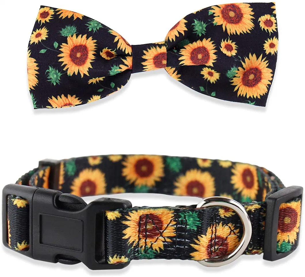 1-Sunflower in Black Bow Tie Dog Collar and Leash Set,Adjustable Cute Plaid Soft Dog Bowtie Collar Bandana and Leash, Dog Accessories for Small Medium Dogs Cats