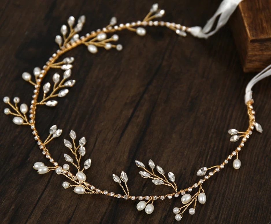 Bridal Wedding Natural Pearl Crystal Headband Hair Comb Headpiece. Gold Headband