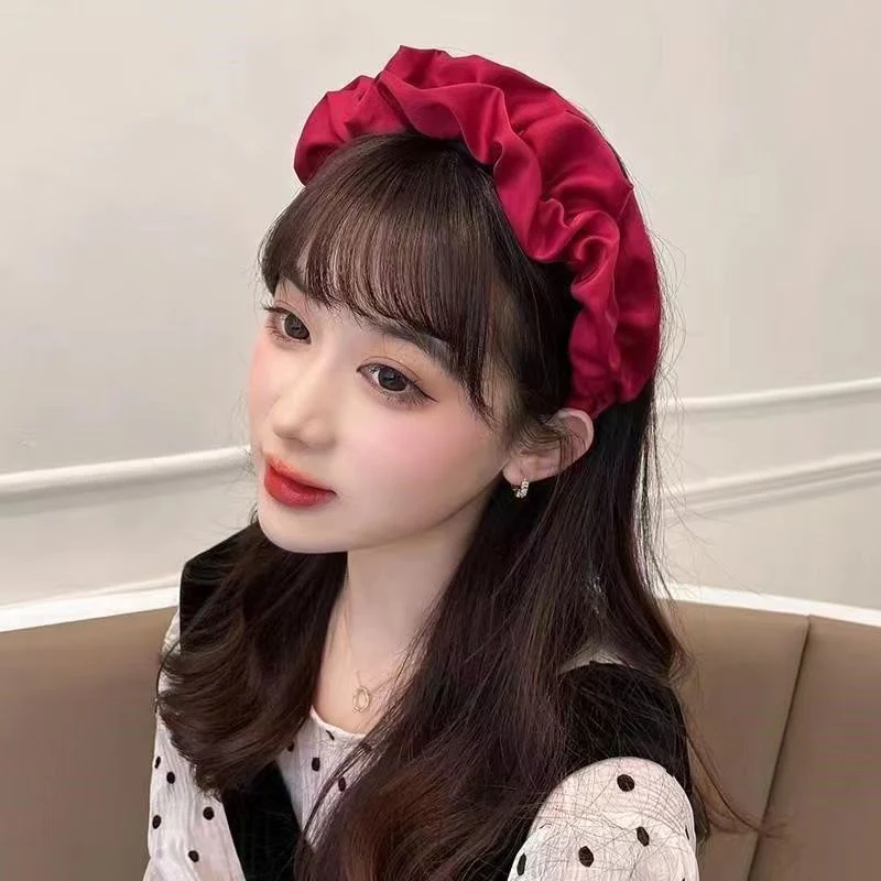 Best Selling Large Intestine Ruffled Satin Hair Band Retro Wide Edge Slider Headband Pleated High Cranial Crest Hair Clips