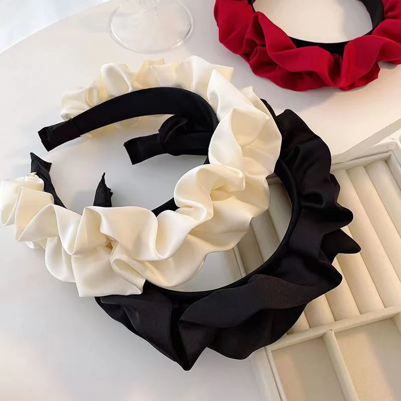 Best Selling Large Intestine Ruffled Satin Hair Band Retro Wide Edge Slider Headband Pleated High Cranial Crest Hair Clips