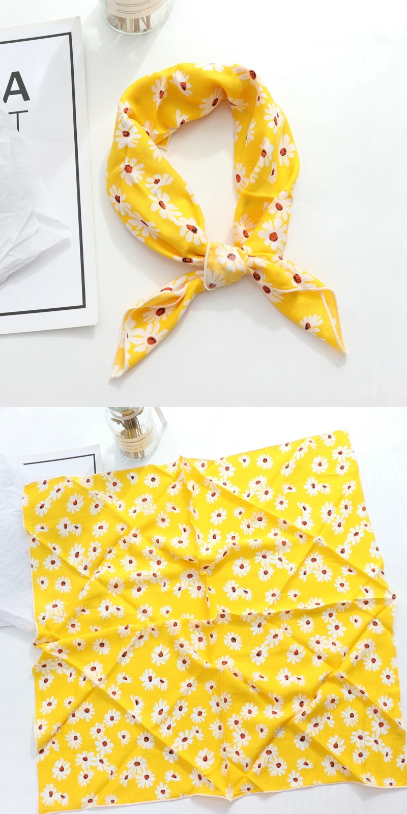 Ladies Poly-Silk Neckerchief Daisy Printed Bandana Women&prime;s Soft Wraps Head Chest Scarf