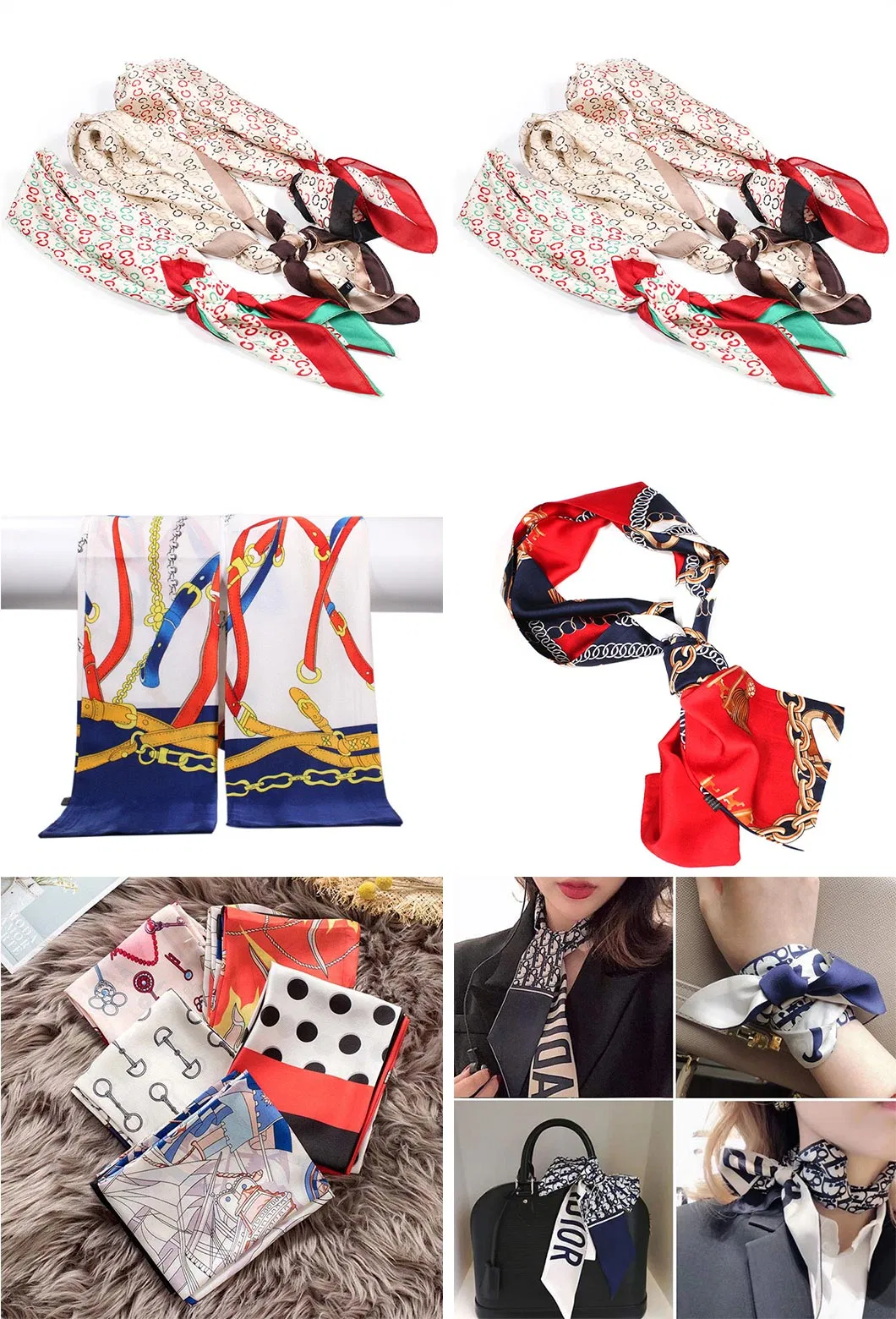 15*145cm Ins Hot Women&prime;s Hair Tie Band Wrap Bandana Elegant Head Neck Scarf Satin Small Square Satin Lattice Print Silk Scarf