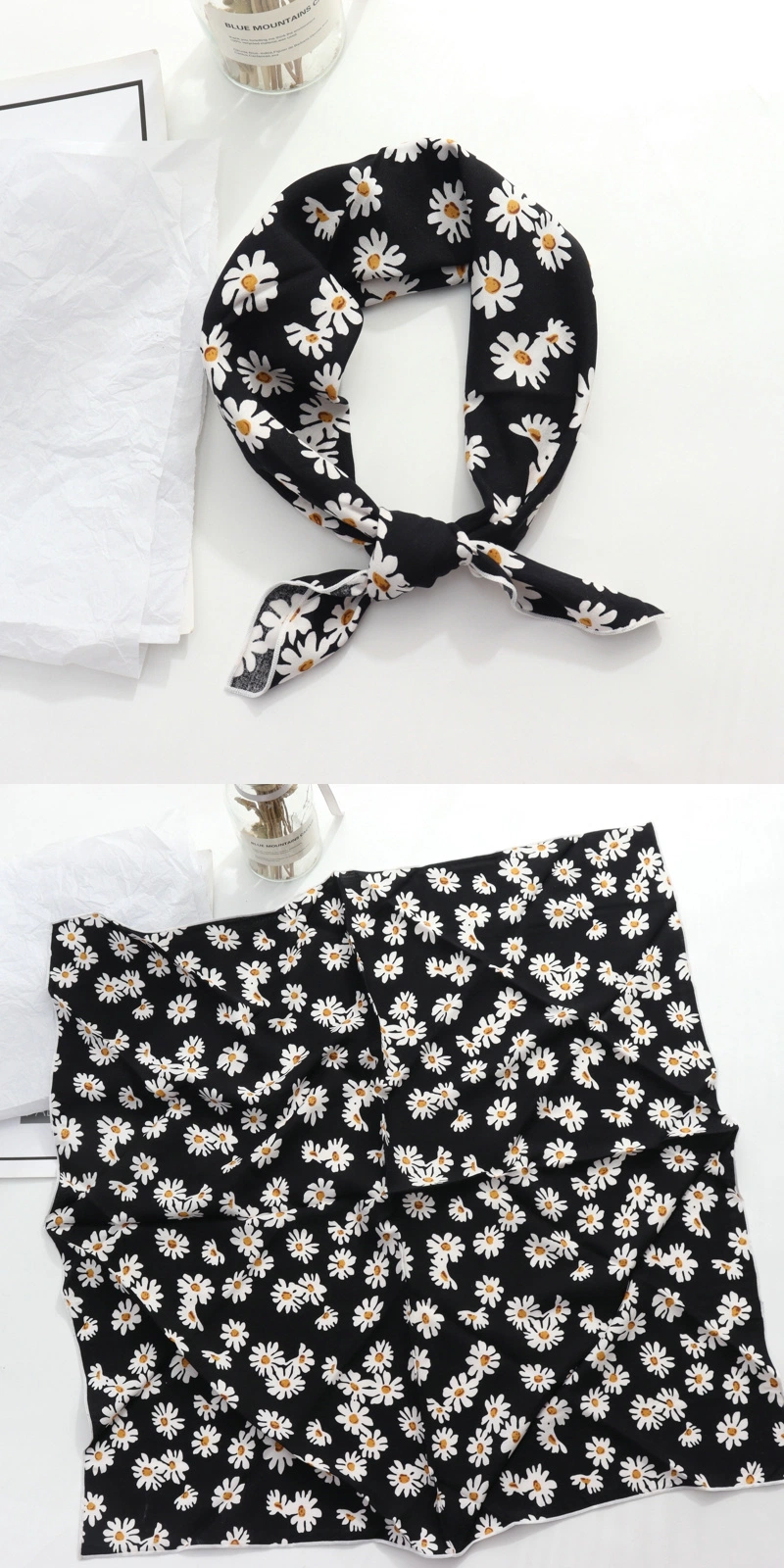 Ladies Poly-Silk Neckerchief Daisy Printed Bandana Women&prime;s Soft Wraps Head Chest Scarf