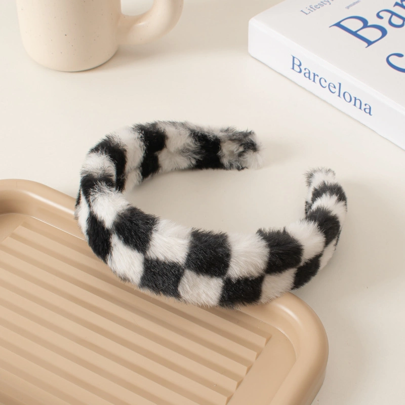 Black and White Checkered Wide Edge Hair Hoop Stripe Plush Headband