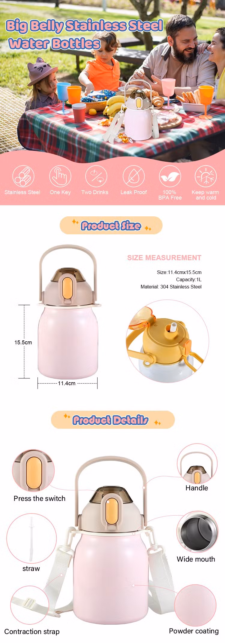 Factory Manufactured Great Price ODM/OEM 1L Outdoor Leakproof Insulation Stainless Steel Big Belly Bottle with Bouncing Lid with Handle and Shoulder Strap