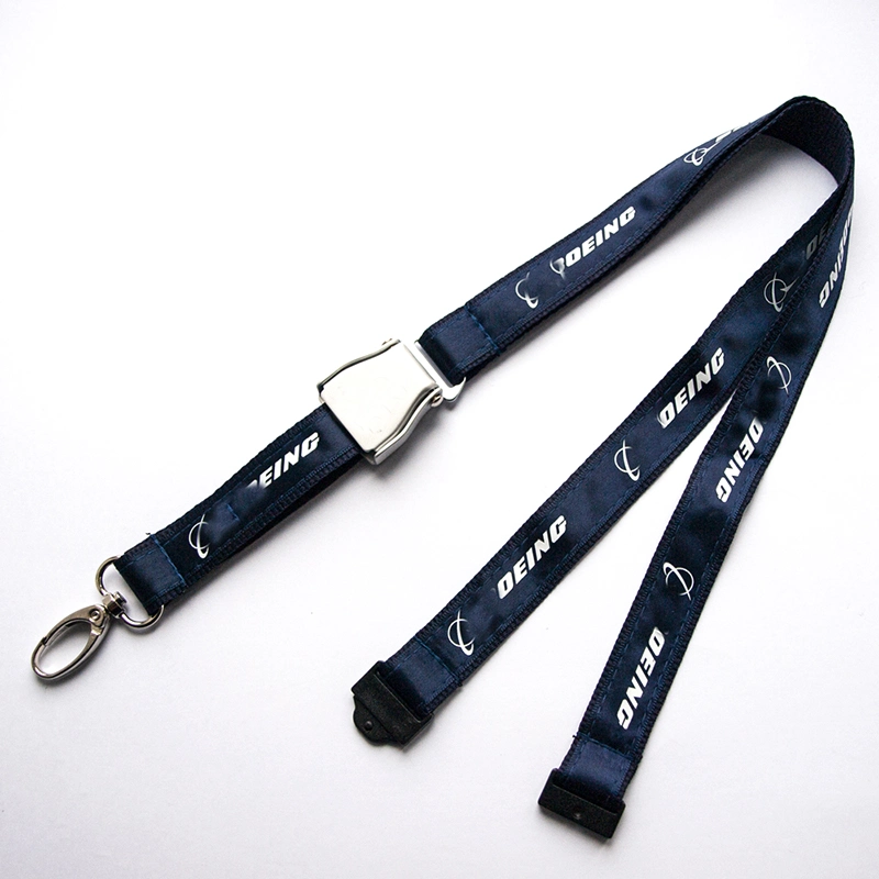 Custom Lanyard Safety Break Silk Screen Printed Designer Logo Alloy Airplane Seat Belt Buckle Lanyard Strap