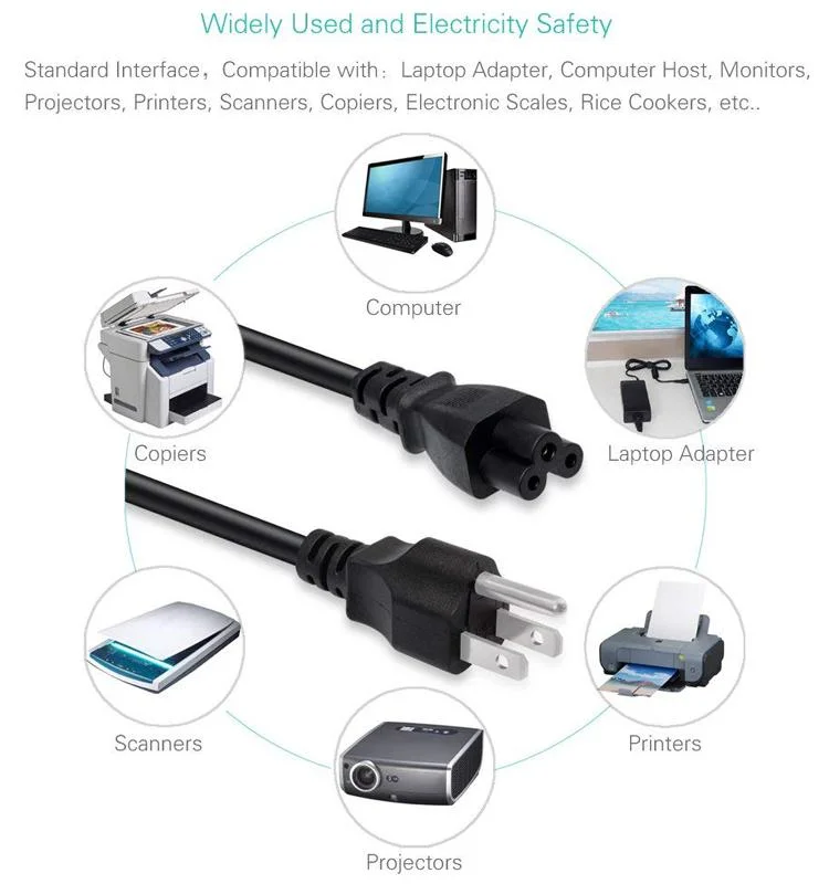 UL/cUL 110V PVC Material 3 Pin Prong IEC C13 USA Plug Female AC Power Cord