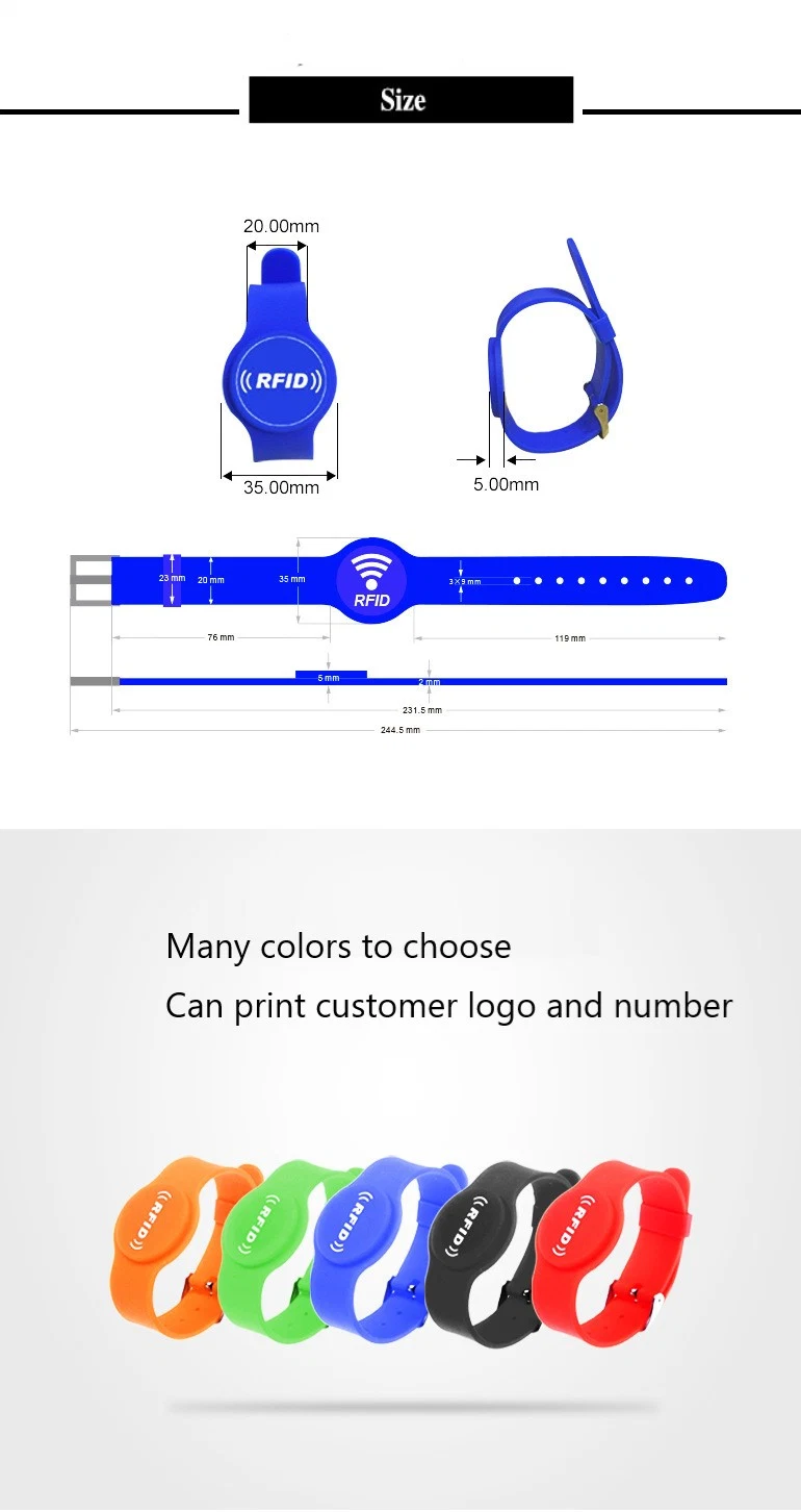 Adjustable Oval Head Watch Buckle Passive RFID Silicone Wrist Band / Bracelet 13.56MHz RFID Read and Write 125kHz Read Only