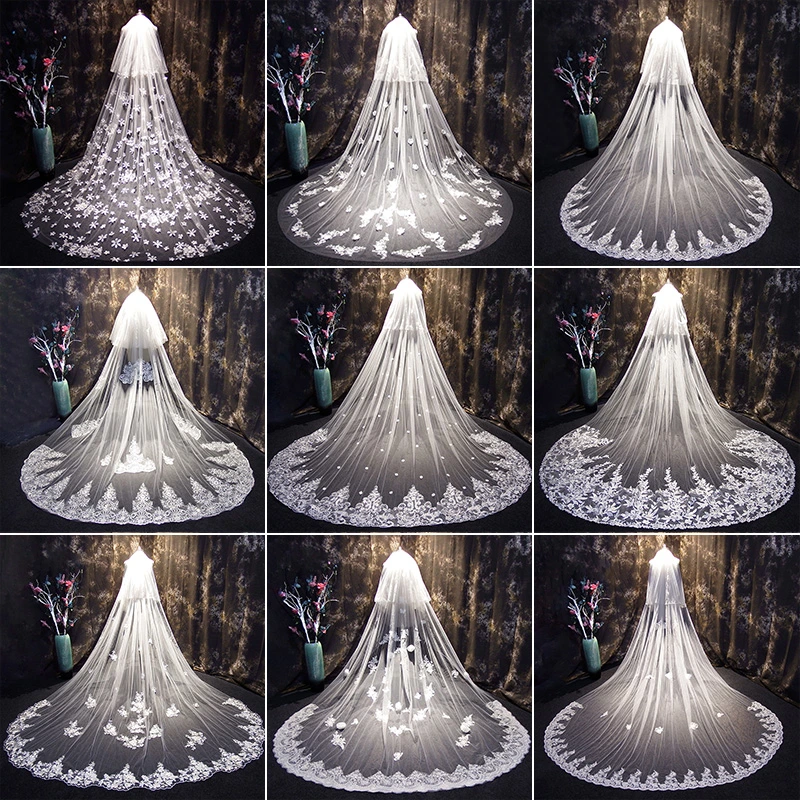 Bridal Wedding Veil Short Cathedral Long Veils Mantilla White Ivory Beaded Lace Bridal Velis Hair Pieces V527