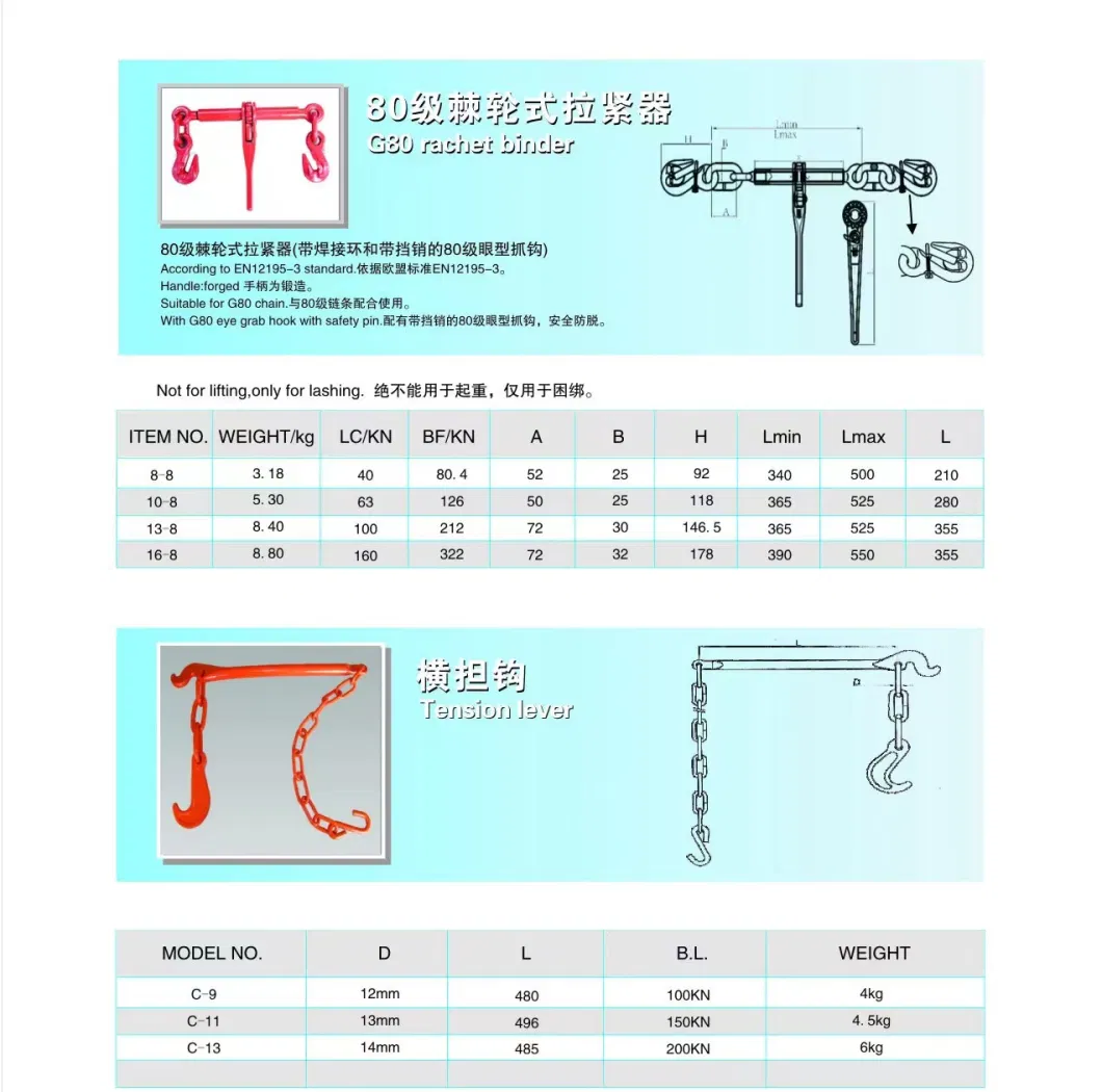 G100 Rachet Binder with Safety Hooks Chain Ratchet Load Binder