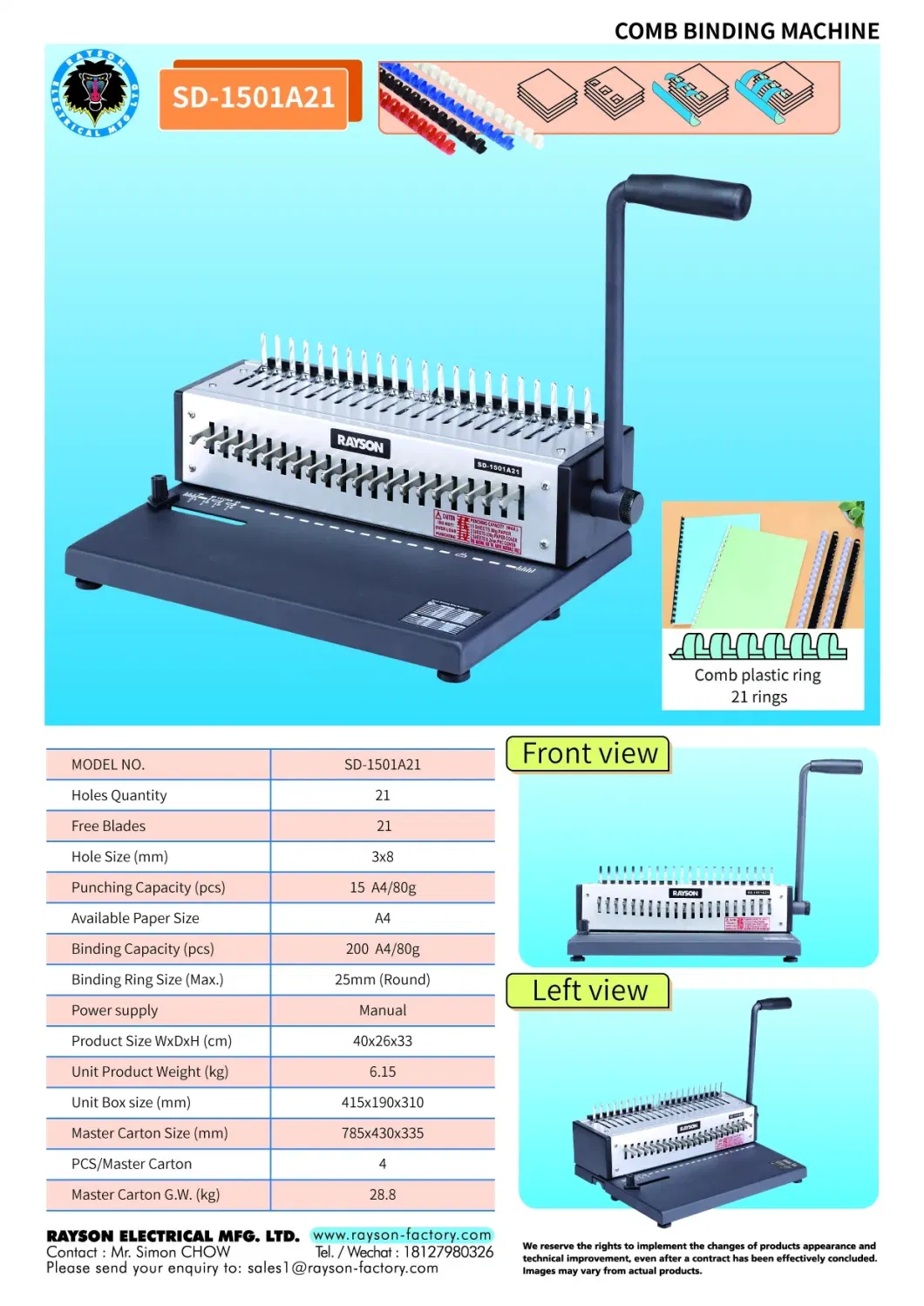 SD-1501A21 Rayson 21 Holes Punching Binding Machine Manual Comb binder