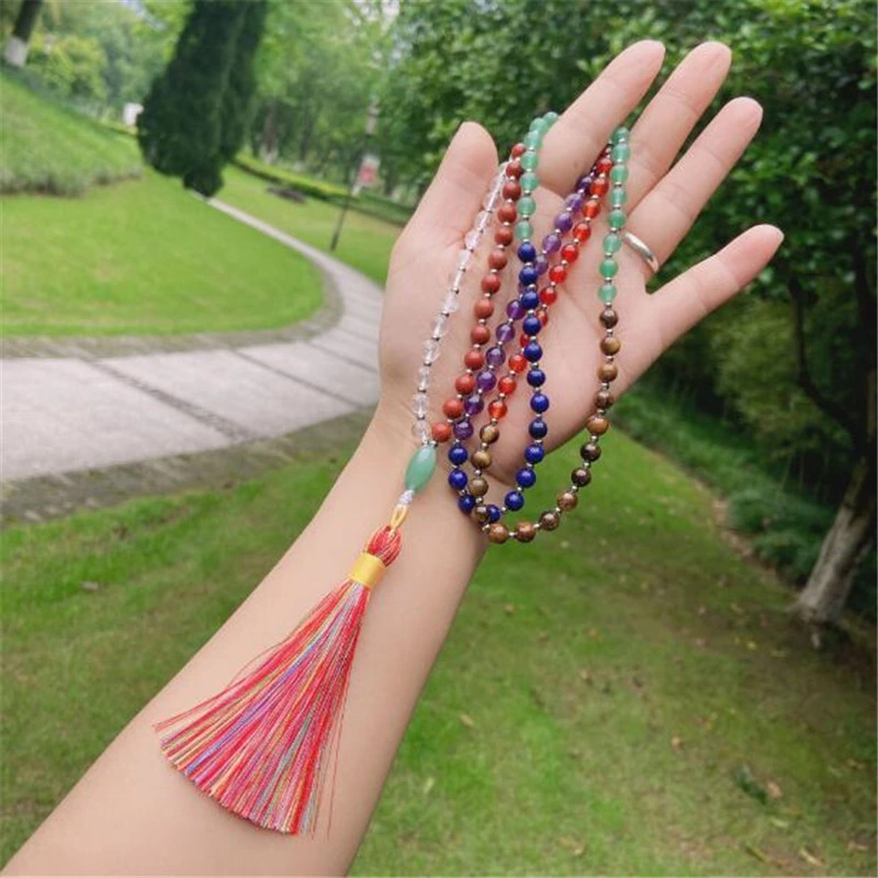 Religious 6mm Natural Gemstone Power Stone Chakra 108 Beads Buddhist Mala Bracelet