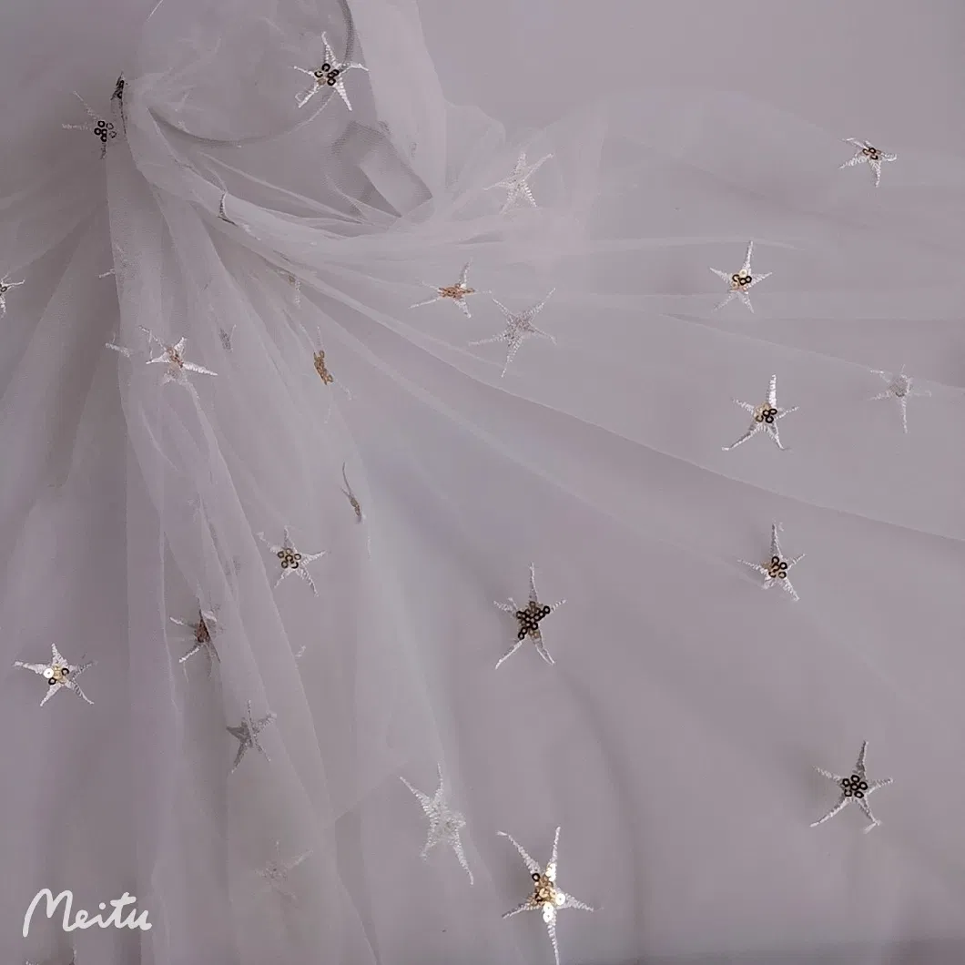 Cute Star Design Embroidery Sequin Light Weight Tulle Net Fabric