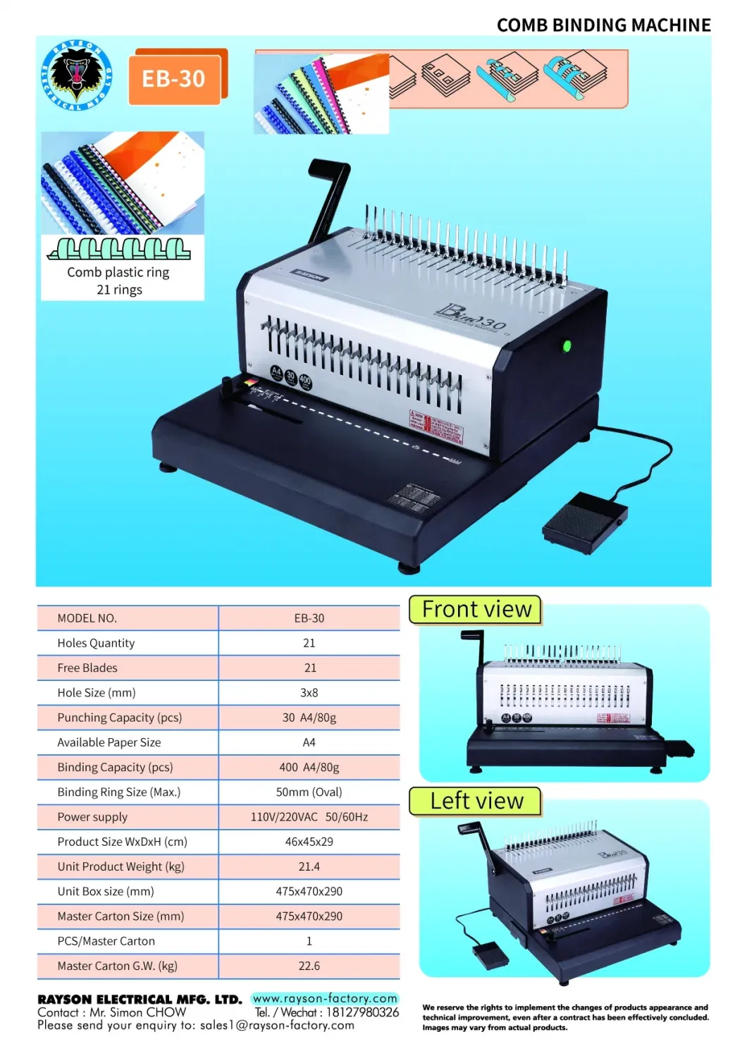 Eb-30 Rayson 21 Holes Punching Binding Machine Electric Comb binder