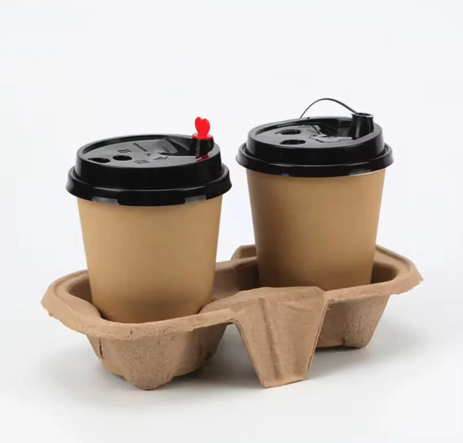 Take-out Pulp Fiber Cup Carrier 2 Cups Holder Tray to Go Holder Takeaway Coffee Cup Carrier Holder