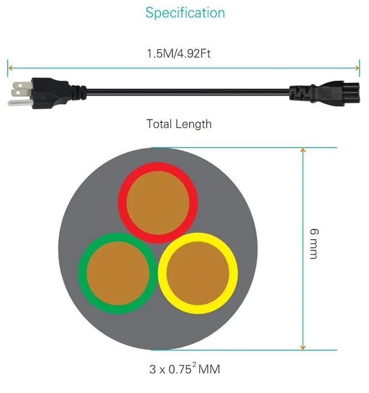 UL/cUL 110V PVC Material 3 Pin Prong IEC C13 USA Plug Female AC Power Cord